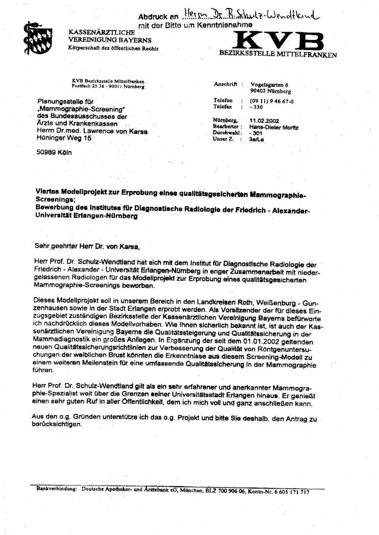 Befürwortungsschreiben Dr. med. Werner Sitter - Vorsitzender Kassenärztliche Vereinigung Bayerns Bezirksstelle Mittelfranken Seite 1