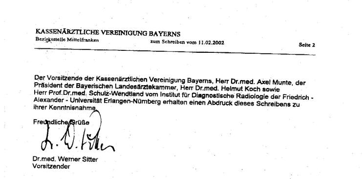 Befürwortungsschreiben Dr. med. Werner Sitter - Vorsitzender Kassenärztliche Vereinigung Bayerns Bezirksstelle Mittelfranken Seite 2